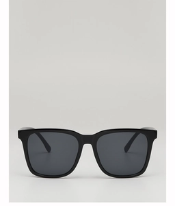Front view of stylish black oversized square sunglasses with dark grey tinted lenses