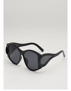 Detailed view of black avant-garde punk sunglasses with unique wing-shaped side frames