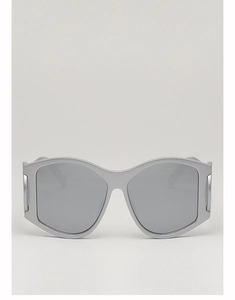 Detailed view of matte silver square frame sunglasses with light grey lenses and geometric design