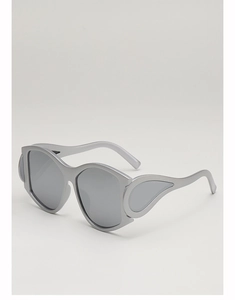 Detailed close-up of silver punk sunglasses with unique flame-shaped wing design frames