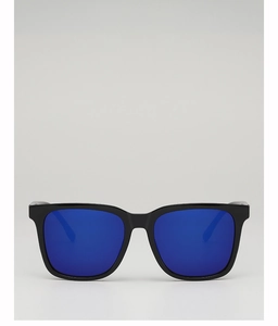 Front view of classic oversized square sunglasses with black frame and blue mirrored lenses