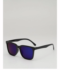 Detailed side view of black square sunglasses featuring purple mirror coated lenses