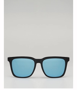 Detail of square black sunglasses with vibrant blue mirrored lenses for sun protection