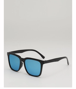 Detail of square black frame sunglasses with blue reflective polarized lenses