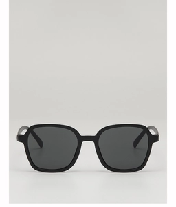 Close-up of matte black square frame kids sunglasses with dark grey lenses
