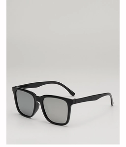Detail of black frame sunglasses with silver mirrored lenses from a 45-degree angle