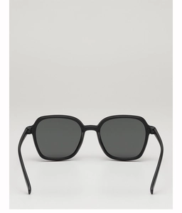Detailed close-up of classic black square frame sunglasses with dark grey polarized lenses