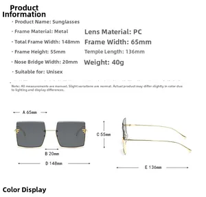 Detailed size specifications of square metal semi-rimless sunglasses with measurements