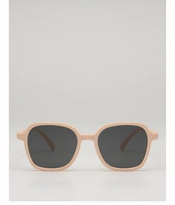 Front view of square matte peach pink children's sunglasses with dark grey lenses