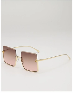 Macro detail of oversized square sunglasses featuring gold metal trim and gradient lenses