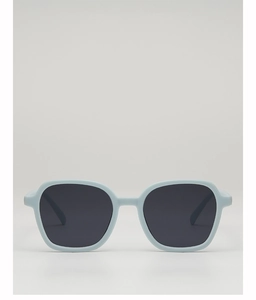 Front view of light blue square frame sunglasses for children with dark grey lenses