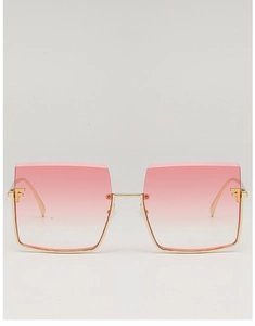 Close-up of pink gradient square lenses with gold metal frame and side F letter logo