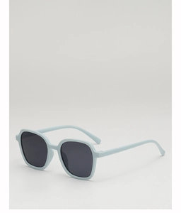 Detail view of children's mint blue square sunglasses with matte finish and dark grey lenses