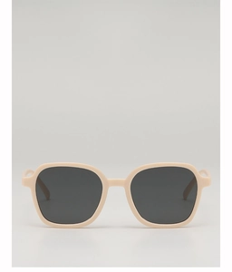 Detail view of square cream children's sunglasses with dark lenses and UV protection