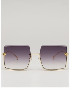 Detail of metal hinge with letter decoration on gradient purple square sunglasses