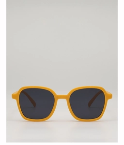 Front view of yellow oversized square kids sunglasses with dark grey lenses