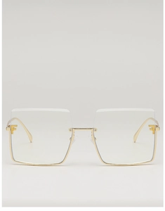 Detailed view of oversized square rimless sunglasses with gold F logo on the temples