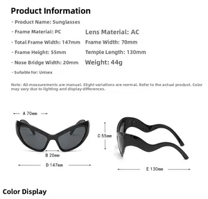 Detailed technical diagram showing dimensions and PC/AC materials of cat eye sunglasses