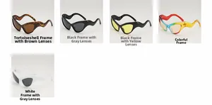 Detail of trendy wave-frame cat eye sunglasses in various modern color combinations