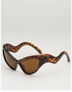 Detailed view of leopard print cat-eye sunglasses with unique wavy temple design