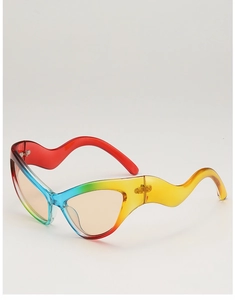 Close-up of rainbow cat eye sunglasses with wavy arms and colorful gradient frames