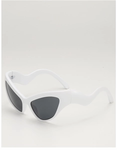 Detail of white cat eye sunglasses featuring unique wavy temple design and dark grey lenses