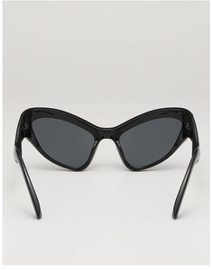 Close-up of sleek black cat-eye sunglasses with wave-temple design and dark lenses