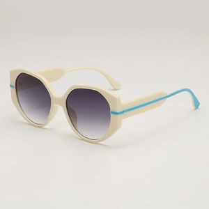 Retro cream octagonal sunglasses with gradient grey lenses and blue stripe detail