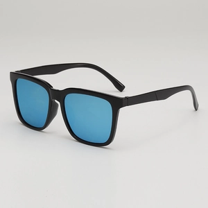 Classic square sunglasses with black plastic frame and blue mirrored lenses on white background