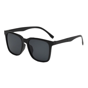 Classic black square frame sunglasses with dark grey lenses in 45-degree side view