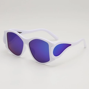 White punk oversized sunglasses with blue-purple lenses and Y2K fire wing frame design