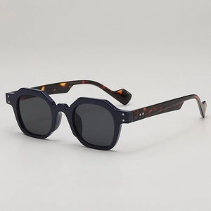 Retro geometric blue sunglasses with tortoise shell arms and silver rivet accents