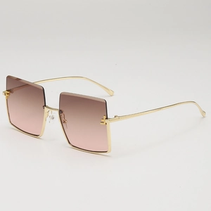 Oversized square rimless metal sunglasses with gold frame and gradient brown lenses