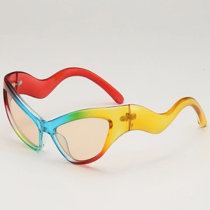 Rainbow gradient cat eye sunglasses with wavy arms and translucent orange lenses