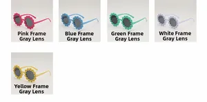 Detailed grid of flower-shaped children's sunglasses in pink blue green white and yellow