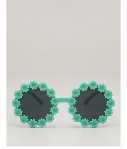 Detail of mint green daisy flower frame kids sunglasses with yellow centers