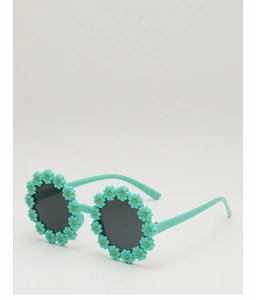 Detail view of mint green flower sunglasses with 3D daisy decorations for toddlers