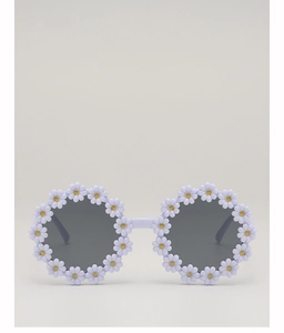 Detail of purple toddler sunglasses with white daisy floral accents and round dark lenses
