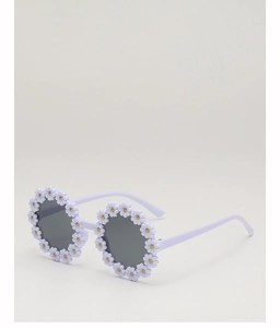 Detailed close-up of lavender flower sunglasses with white daisy floral frame decor