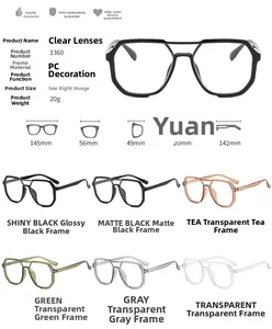 Detailed size chart and specifications for polygonal double-bridge oversized spectacles