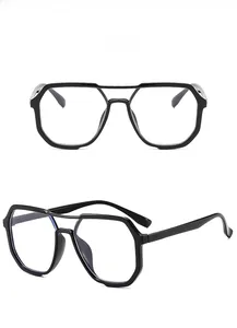 Detailed front view of shiny black oversized double-bridge polygon glasses frame
