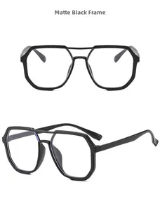 Detail view of matte black geometric double bridge eyeglasses frame with octagonal shape