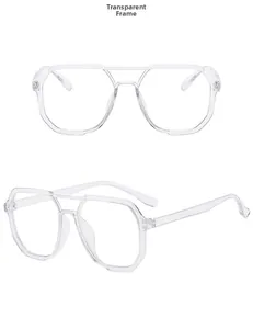 Front and 45-degree side view of transparent double-bridge polygonal glasses frame