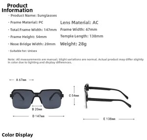 Detailed size chart for square semi-rimless sunglasses with frame and lens measurements