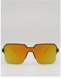 Detail of square oversized sunglasses with orange mirror lenses and black geometric frame