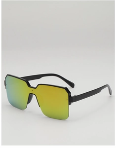 Detail of half-frame square sunglasses with yellow-green gradient reflective lenses