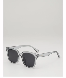 Detail einer grauen quadratischen Sonnenbrille mit Metallakzenten am Brillenbügel
