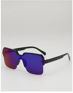 Detail view of oversized square sunglasses with purple-red gradient mirrored lenses