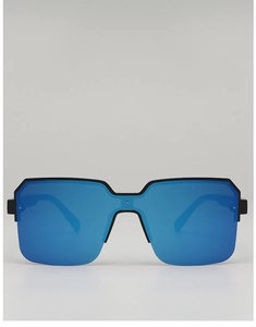 Front view of square semi-rimless sunglasses with blue mirrored lenses and black frames
