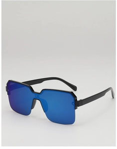 Detailed view of square sunglasses with blue mirrored lenses and a sleek black frame